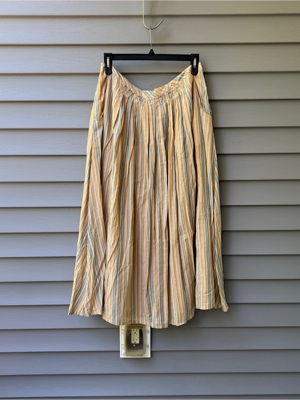 Poetry Pleated Cotton Skirt Yellow Blue Striped Cross Stitch Detail US 12